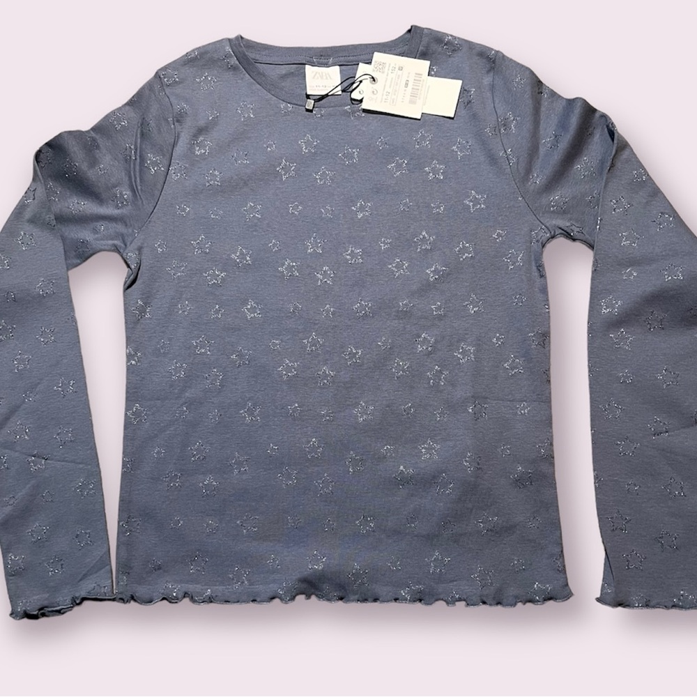 Zara Girls Long Sleeve Top with Sparkly Stars Blue Size 11-12 NWT
